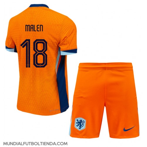 Camiseta Países Bajos Donyell Malen #18 Primera Equipación Replica Eurocopa 2024 para niños mangas cortas (+ Pantalones cortos)